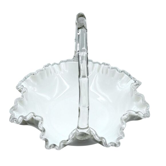Vintage Fenton Silver Crest Bridal Basket White Ruffled Clear Edges Handle Large - Picture 6 of 16